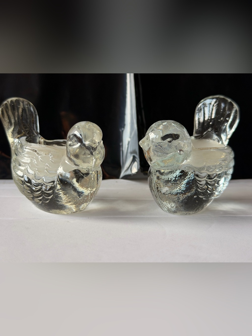 2- Vintage Clear Solid Heavy Glass Bird Votive Candle Holder Made in Taiwan